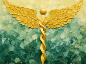 Golden Caduceus with Angel Wings, Healthcare, and Hope Concept on Textured Background