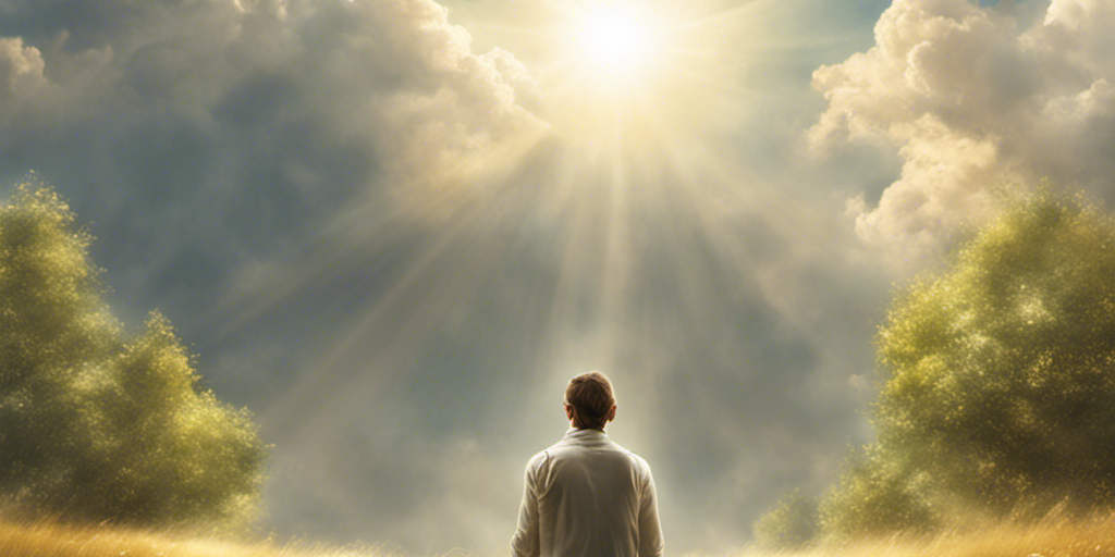 betender Mensch in der Natur, realistisch, sonniger Hintergrund, mit wolken am himmel - neuroflash.com